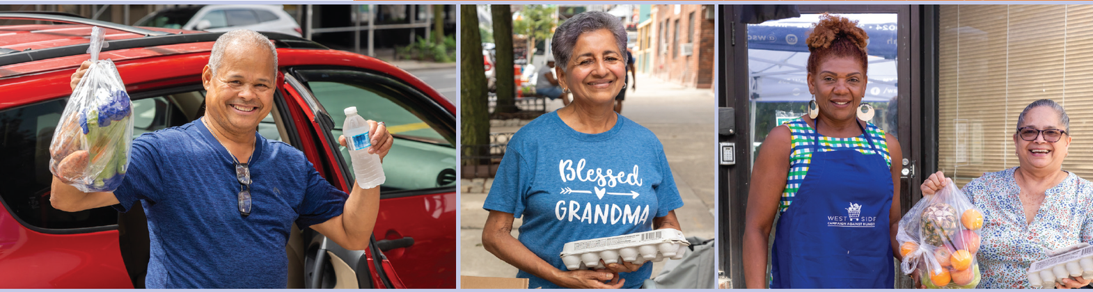 People receiving food and smiling