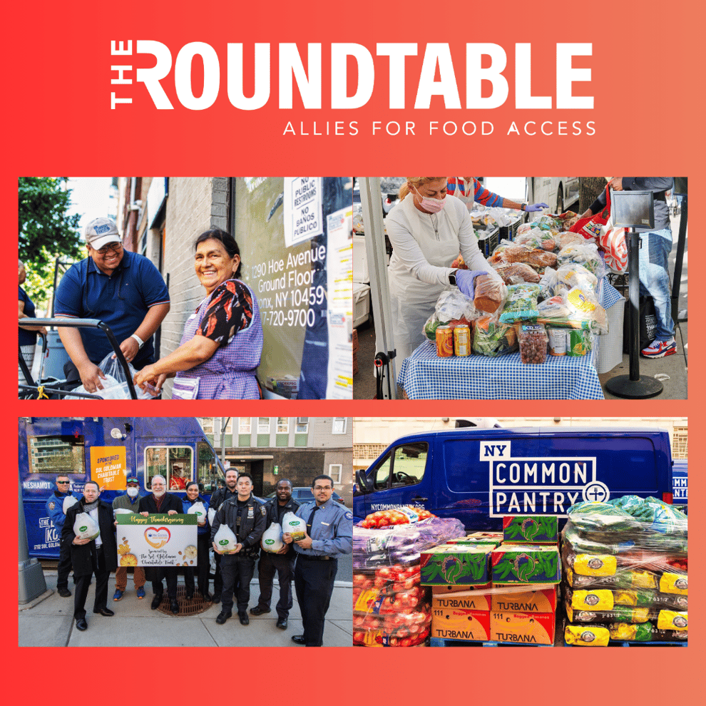 Roundtable graphic with four photographs of Roundtable member emergency feeding work