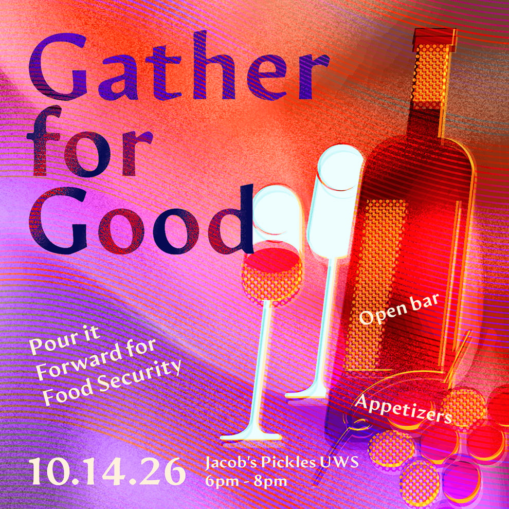 flyer that reads 'gather for good' and shows wine glasses and appetizers