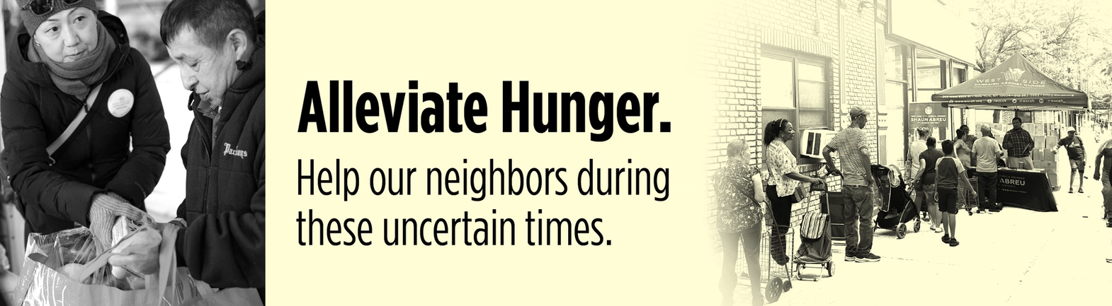 Banner with customers at WSCAH's food pantry, with the words 'Alleviate Hunger. Help Our Neighbors during these uncertain times.'