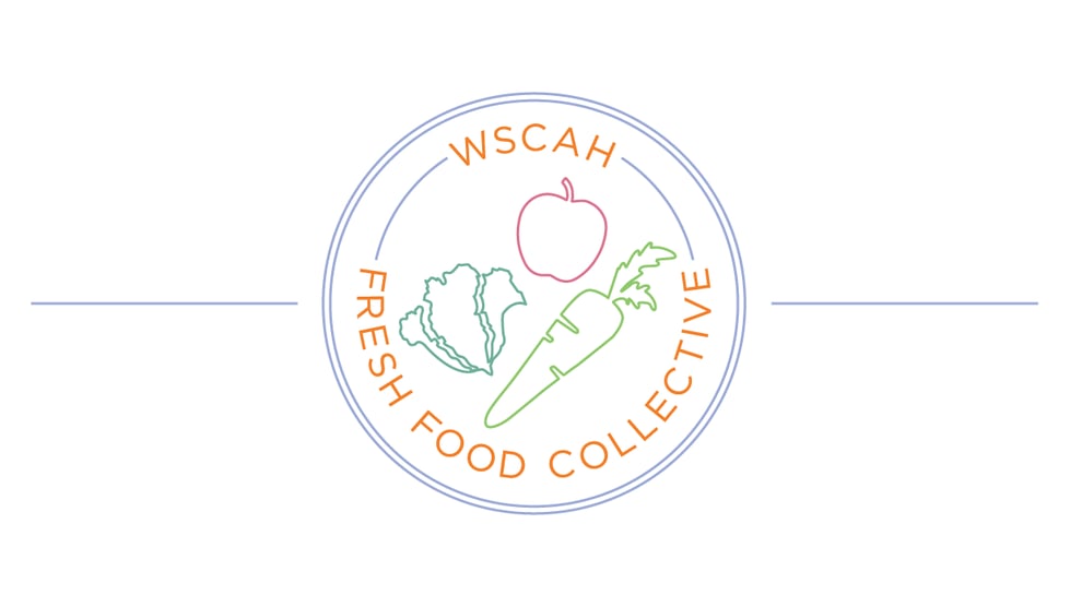 Circular white logo with fresh food in the middle and the words "WSCAH Fresh Food Collective" around the circumference.